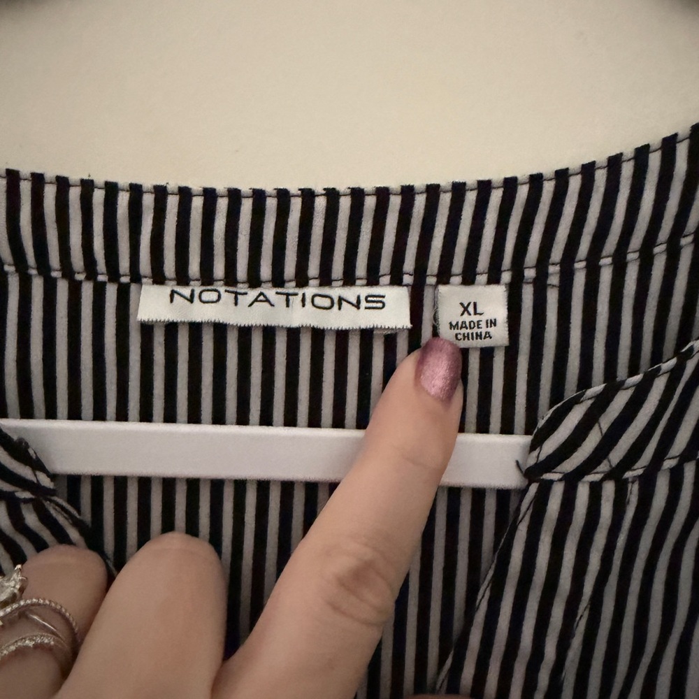 Notations Black White Striped Belted Blouse XL Roll Tab Sleeve - Picture 6 of 9